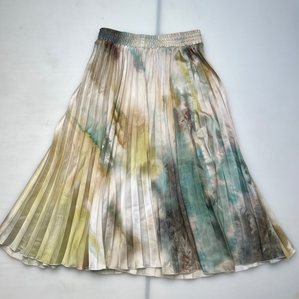 ZARA PLEATED WATERCOLOR PRINT MIDI SKIRT